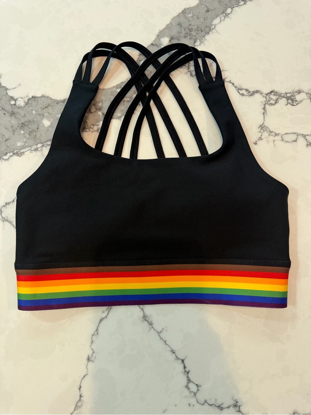 YPB Abercrombie Black Strappy Sports Bra with Rainbow Band